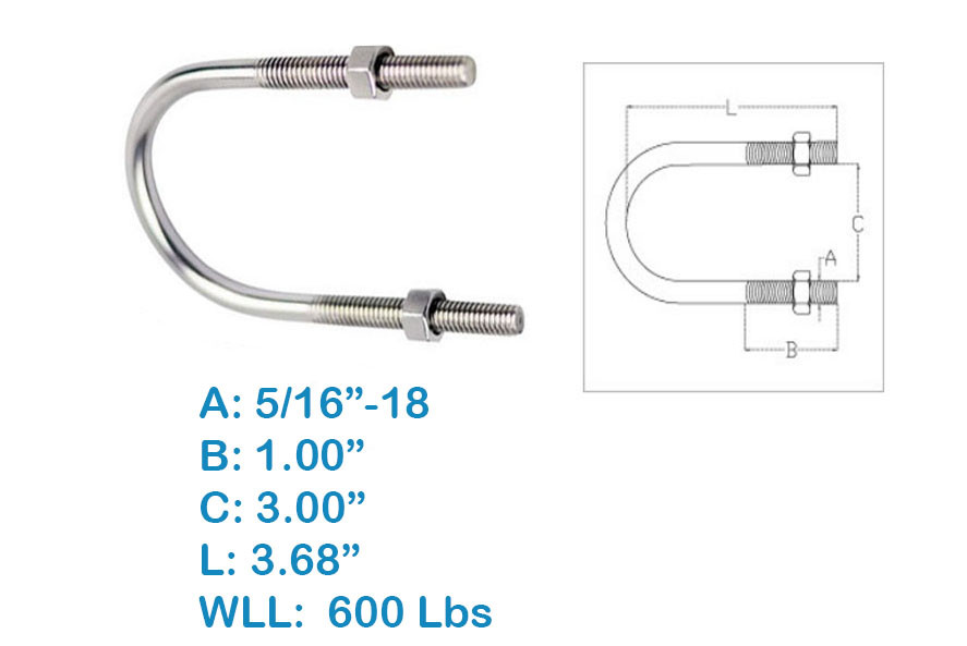 3.68"L U-Bolts, 5/16"-18 Thread W/ Hex Nuts, 600 Lbs WLL, Stainless Steel 4 Pcs