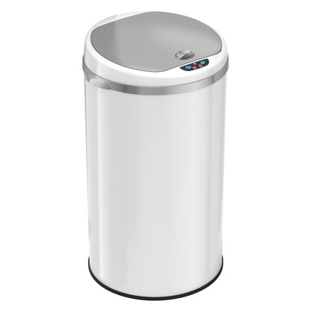 iTouchless - 8 Gallon Touchless Sensor Trash Can with AbsorbX Odor Control System, White Stainless Steel Round Shape Kitchen Bin - Pearl White