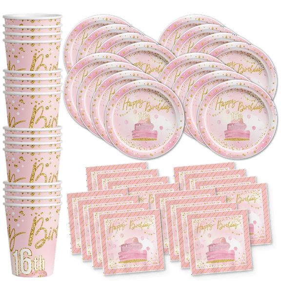 Sweet 16 Pink and Gold Birthday Party Supplies Set Plates Napkins Cups Tableware Kit for 16