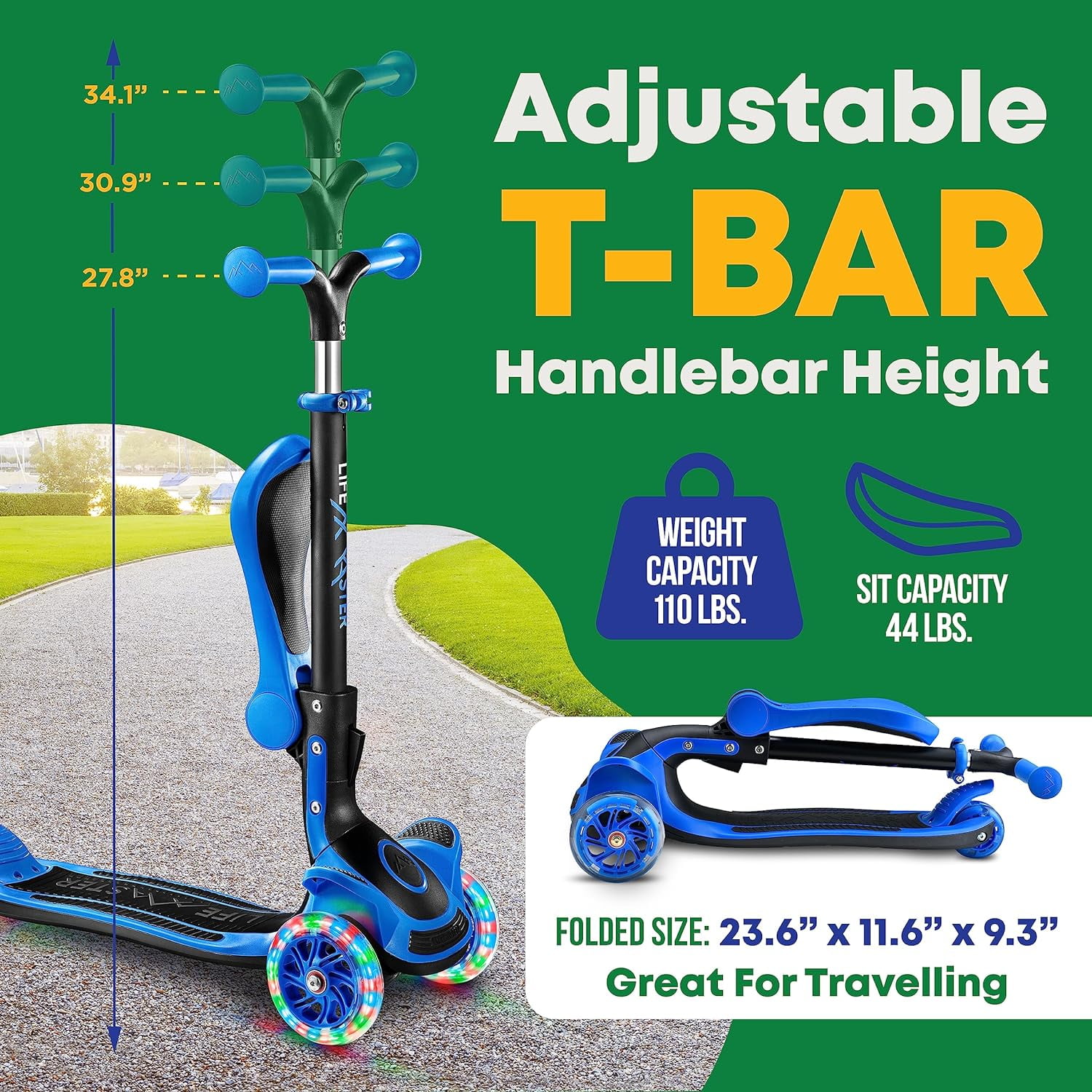 Kids Scooter – Foldable Seat – LED Wheel Lights Illuminate When Rolling – Children and Toddler 3 Wheel Kick Scooter – Adjustable Handlebar – Indoor and Outdoor- Blue - by Lifemaster