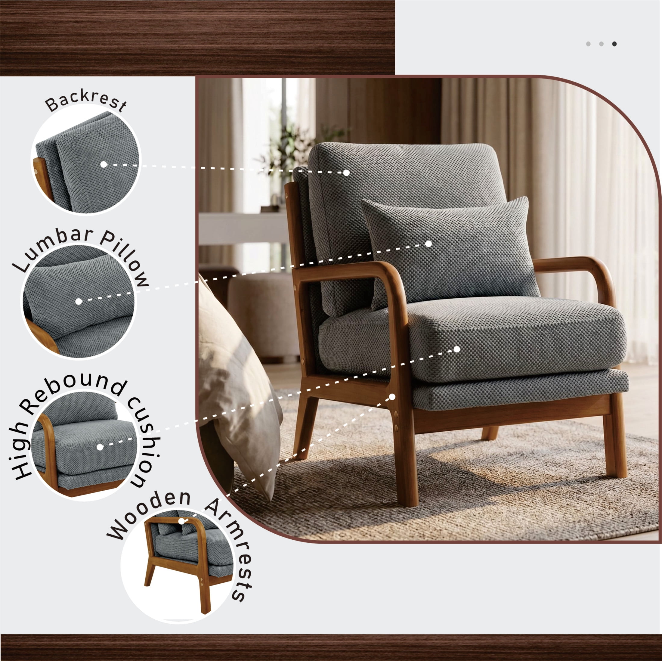 Noble House Mid-Century Modern Lounge Chair, Upholstered Accent Armchair with Solid Wood Frame, Light Gray