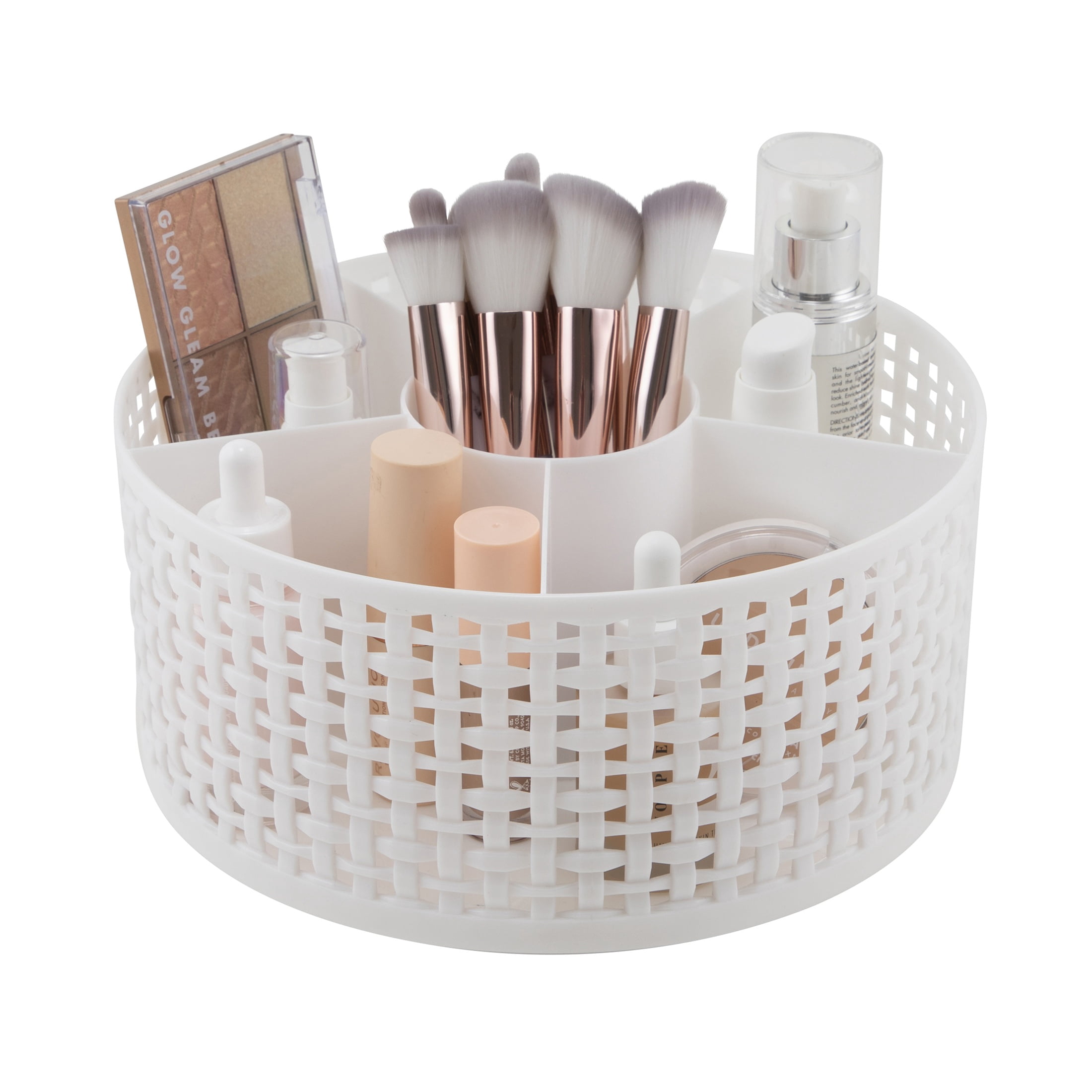 Thinkspace Brand Extra Large Lazy Susan Weave Rotating Beauty Organizer, White. 6 Large Compartments