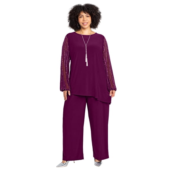 Catherines Women's Plus Size 2-Piece Beaded Mesh Sleeve Pant Suit