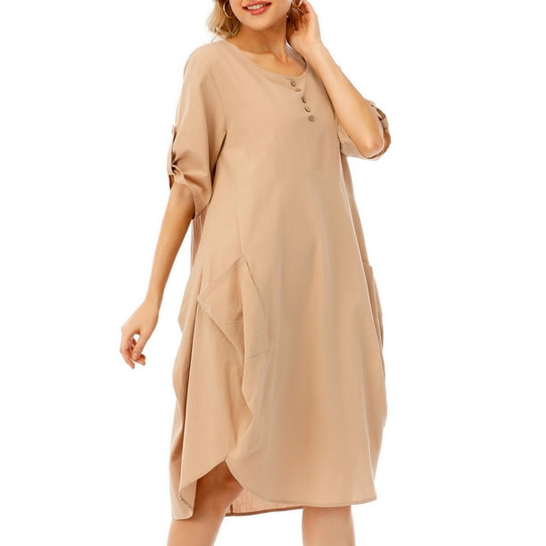 Vestido de túnica de mujer enrollado de manga corta cómodos bolsillos de algodón dobladillo irr Irfora Vestido de túnica de mujer