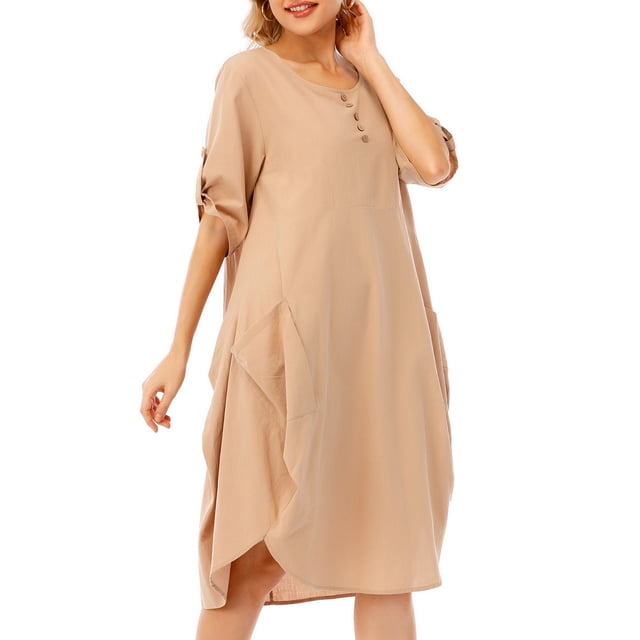 Vestido de túnica de mujer enrollado de manga corta cómodos bolsillos de algodón dobladillo irr CACAGOO Vestido de túnica de mujer