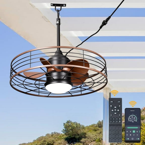 Cusp Barn 23" Outdoor Compact Caged Portable Ceiling Fan with Remote and Lights, DC Motor 6 Speeds, Ceiling Fan for Courtyard