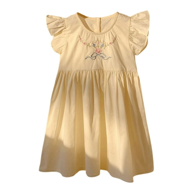 Robes Décontractées pour Bébés Filles Été Fleurs Broderie Col Ras du Cou Manches Volantées Robe de Fête Robe d'Été Manteau, Beige, 12-18 Mois