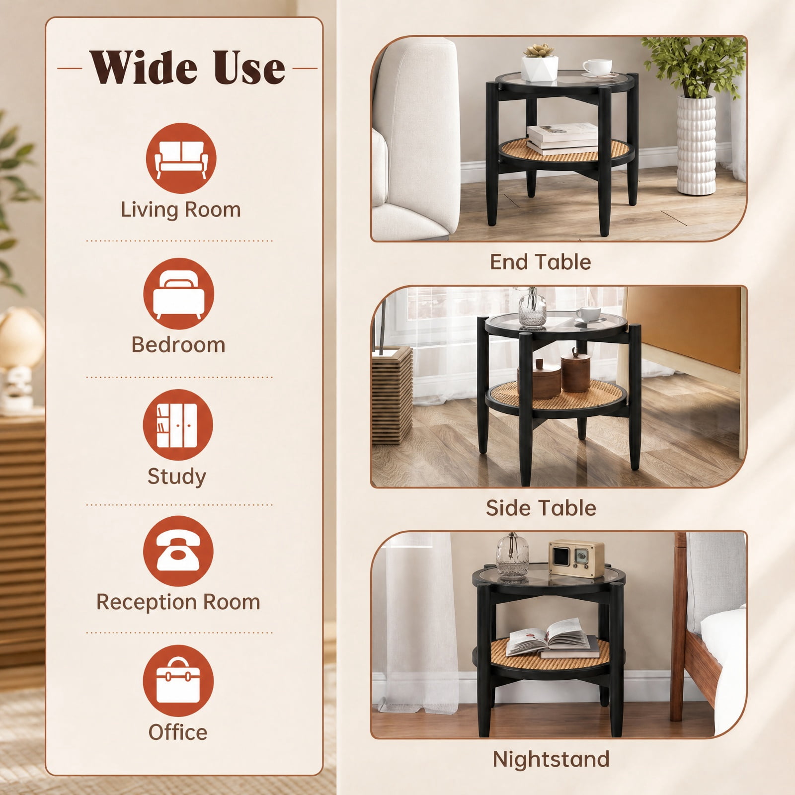 Furnibear Rattan Round Side End Table with Tempered Glass Tabletop and 2 Tier Acacia Wood Legs for Living Room Bedroom and Sofa Side, Black