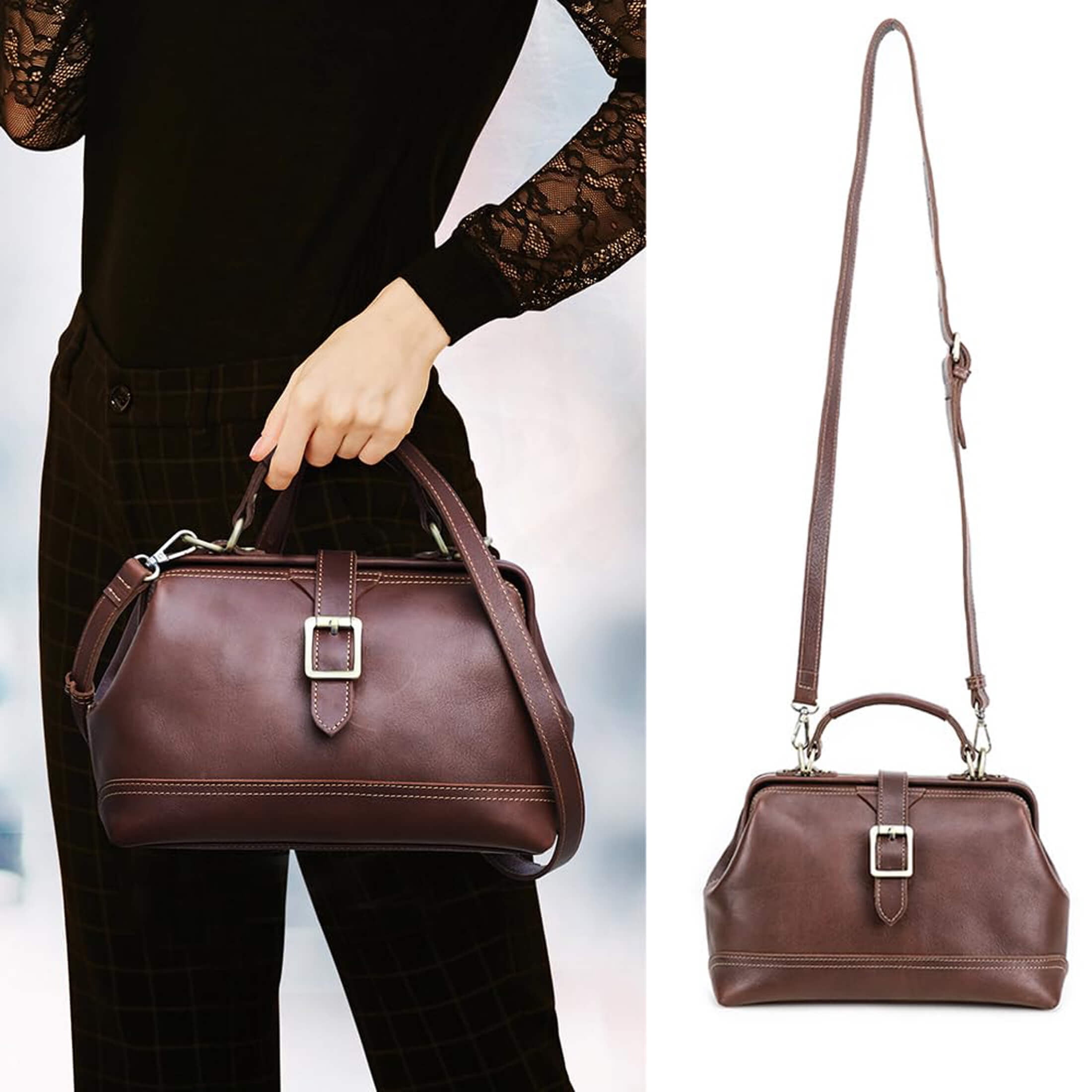 Contact's Genuine Leather Handbags Tote Shoulder Bag,Doctor Bag for Women, Large Capacity,Valentine Gift, Red Brown