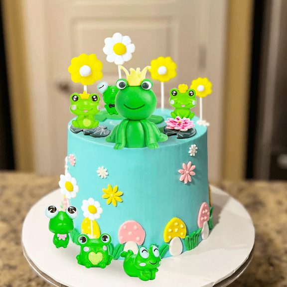 Frog Theme Cake Decorations - Forest Pond Scene with Crown & Floral Accents | Party Decor Set