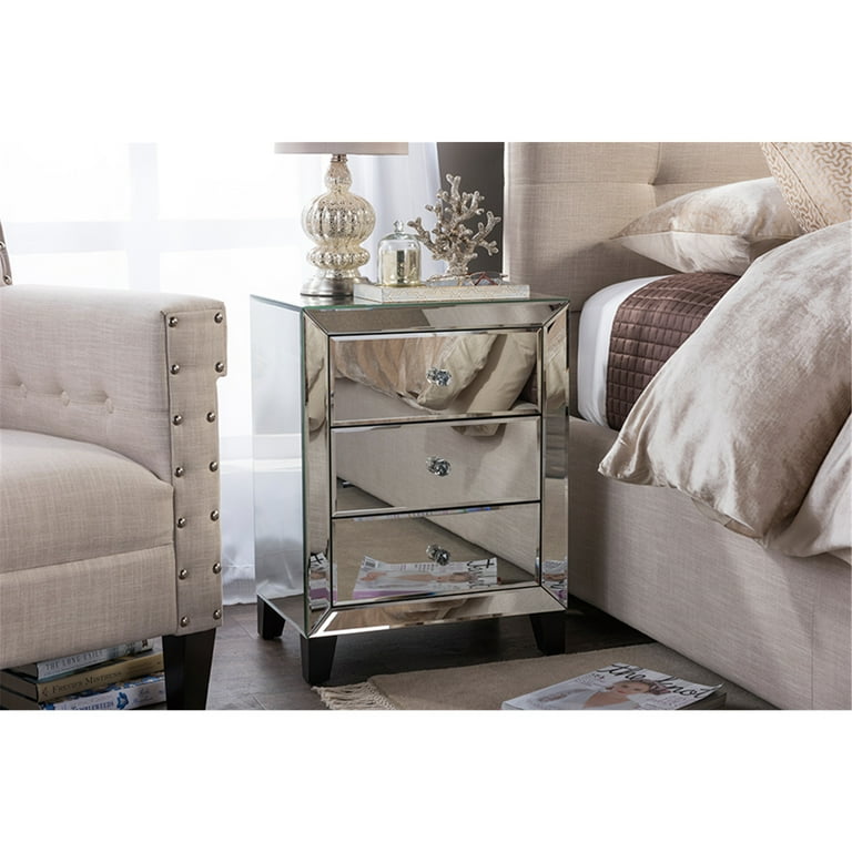Baxton Studio Chevron Glamour Style Mirrored 3 Drawers Nightstand Silver