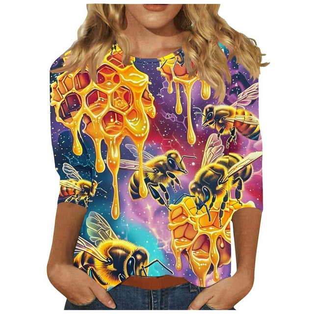 hopeusnice 3/4 Sleeve Round Neck Blouses for Women Dressy Casual Fall Trendy Shirts Bee Pattern Tunic Tops Loose Fit Spring Tops Lightweight Basic Tees Multicolor M
