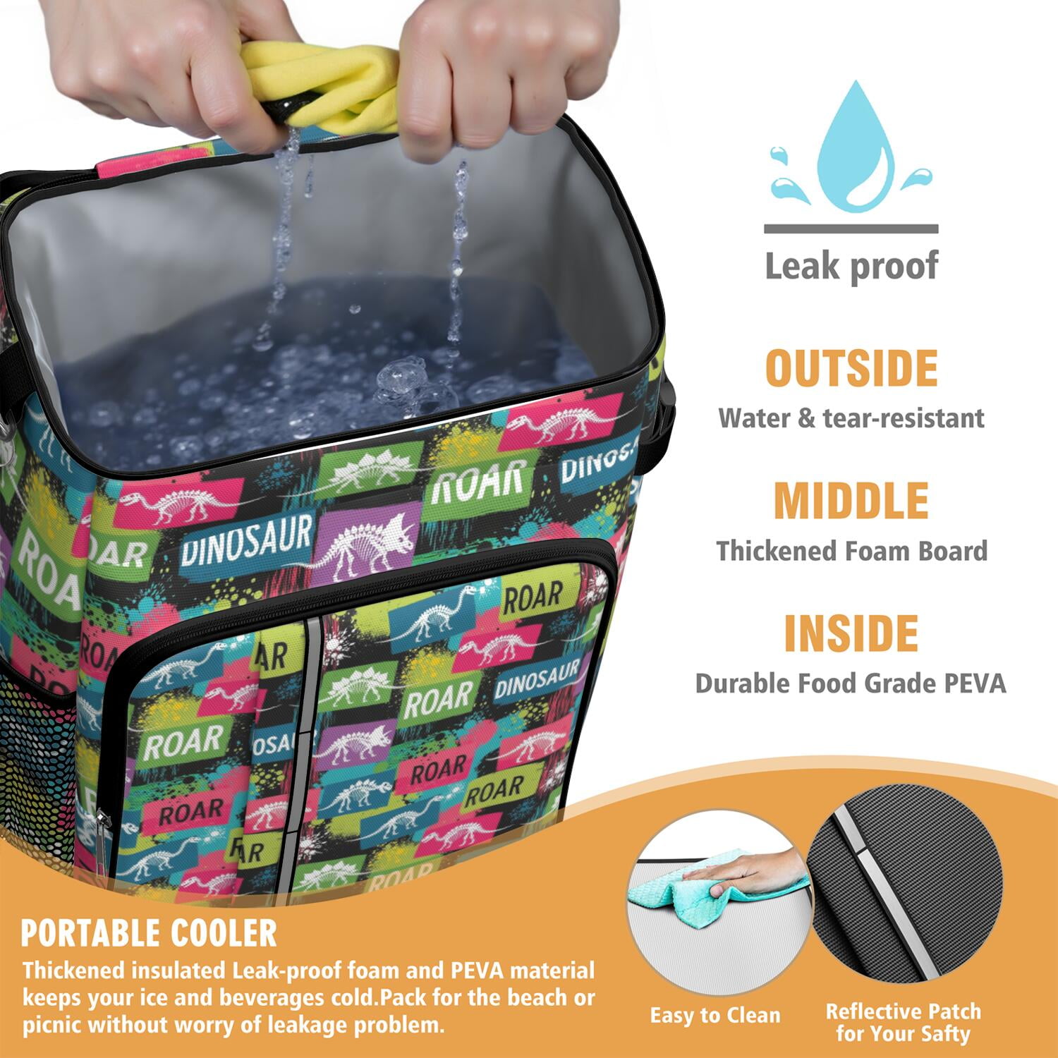 Travel Cooler Bag - Colorful Dinosaurs Skeletons Text Pattern Camping Beer Cooler Backpack with Bottle Opener- Waterproof Insulated Picnic Backpacks - Cooler Bag for Beach