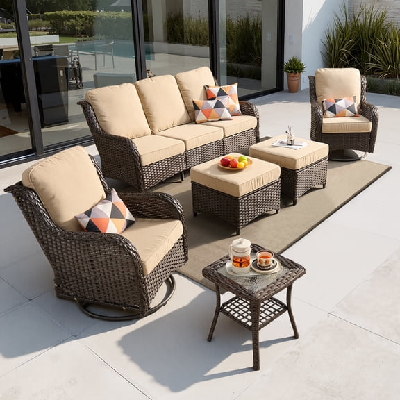 Vcatnet 6 Pieces Outdoor Patio Furniture Wicker High-Back Conversation Set with Swivel Rocking Chairs and Ottoman, Beige