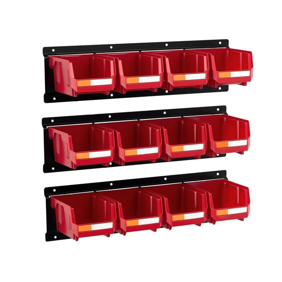 Wall Mounted Tool Organizer - 12 Bins & 3 Rails - Red Plastic Parts Storage - Stackable Organizer for Garage, Workshop, Screws, Nuts & Bolts