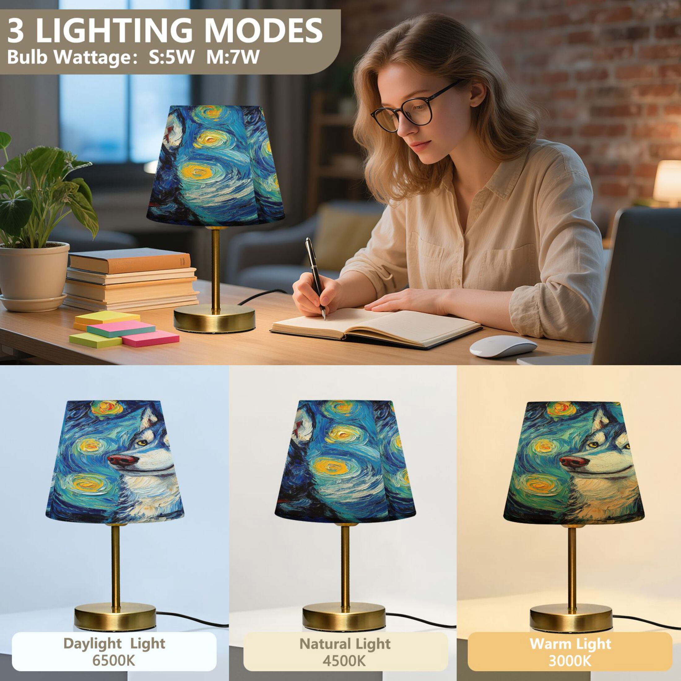 Wobogo Oil Painting Styles Husky Table Lamps Three-channel Adjustable Lighted Antique Brass Metal Base Simple Modern Style for Bedroom Nightstands Living Room and Office