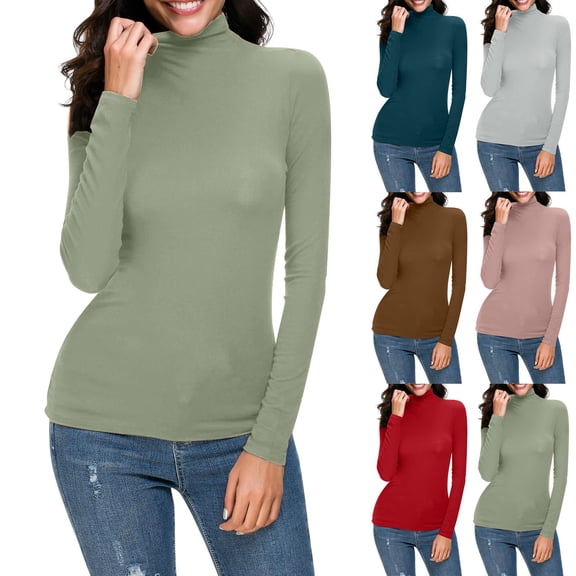 QHWAUAKFBN T Shirts For Women Trendy Solid Long Sleeve Turtleneck Blouse Slim Fit Stretchy Layer Tee Shirts Tshirts Top