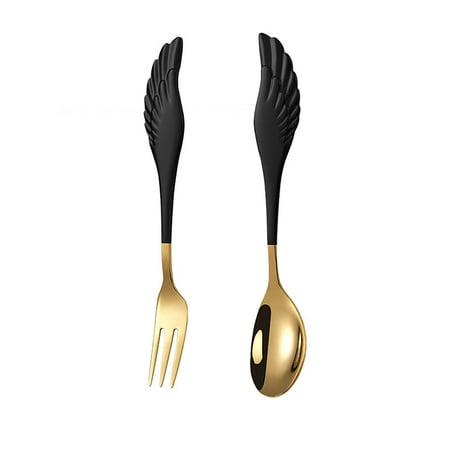 

Fork and Spoon Cutlery Fruit Fork Cutlery Set Dessert Fork Angel Wings Stainless Steel Knife Fork Spoon Set Golden+ Black 5