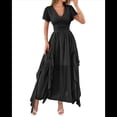thumbnail image 3 of Vestidos Midi Holgados de Verano para Mujer, Informales, con Escote en V, Volantes, Corta, Dobladillo Irregular, Cintura Alta Negro L, 3 of 7