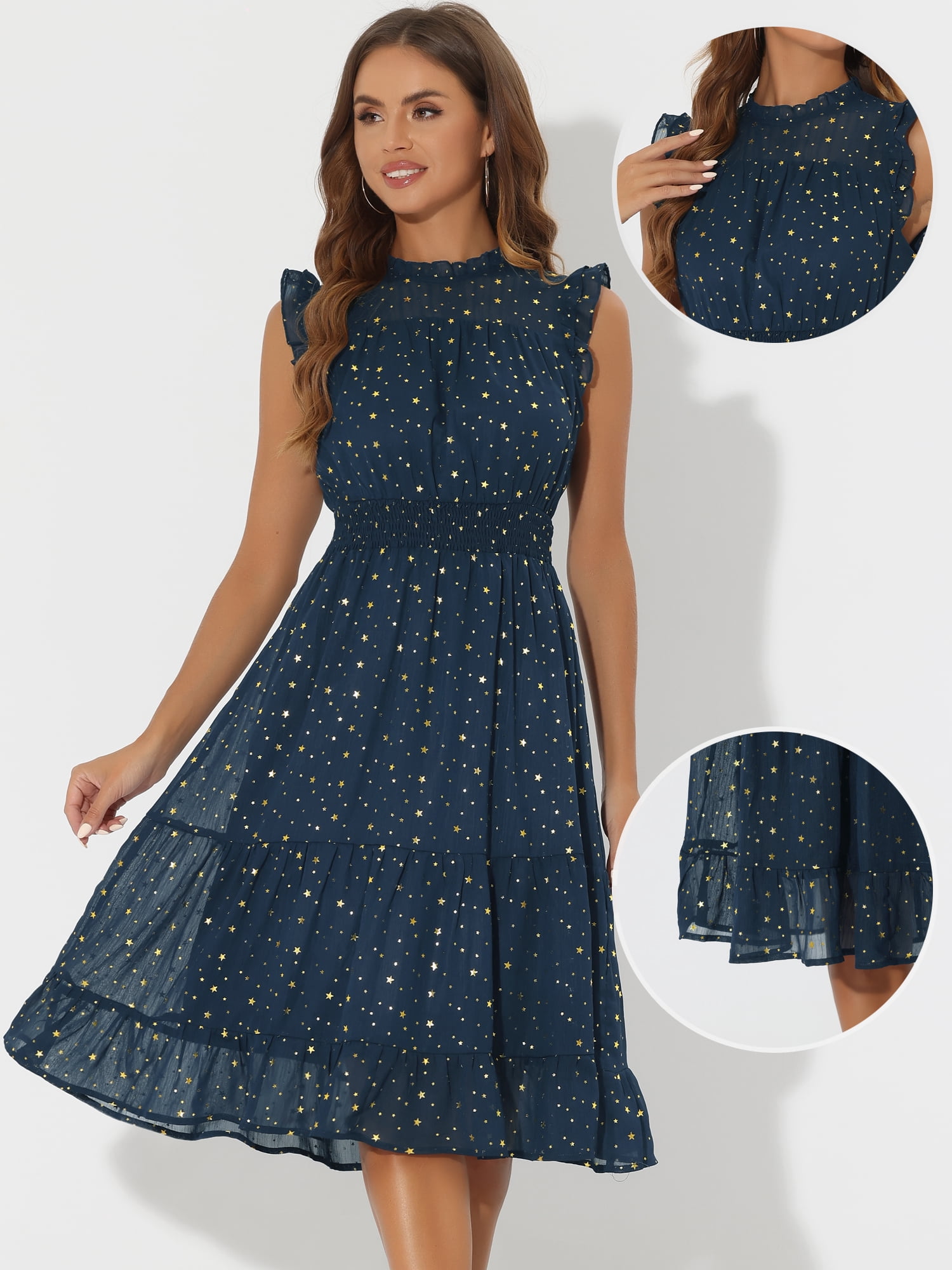 DARING DIVA Smocked Waist Gilding Metallic Stars Chiffon Dress XS Dark Blue