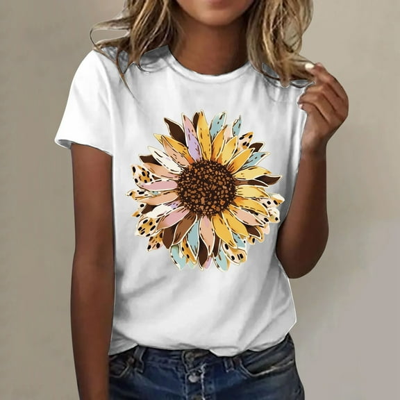 TYGHBN Womens Fashionable Sunflower Printed Round Neck Short Sleeved Sports Casual T Shirt Shirt for Women Short Sleeve Casual T Shirt for Women Womens Summer Shirts Loose Fit Snow Long Sleeve Shirts