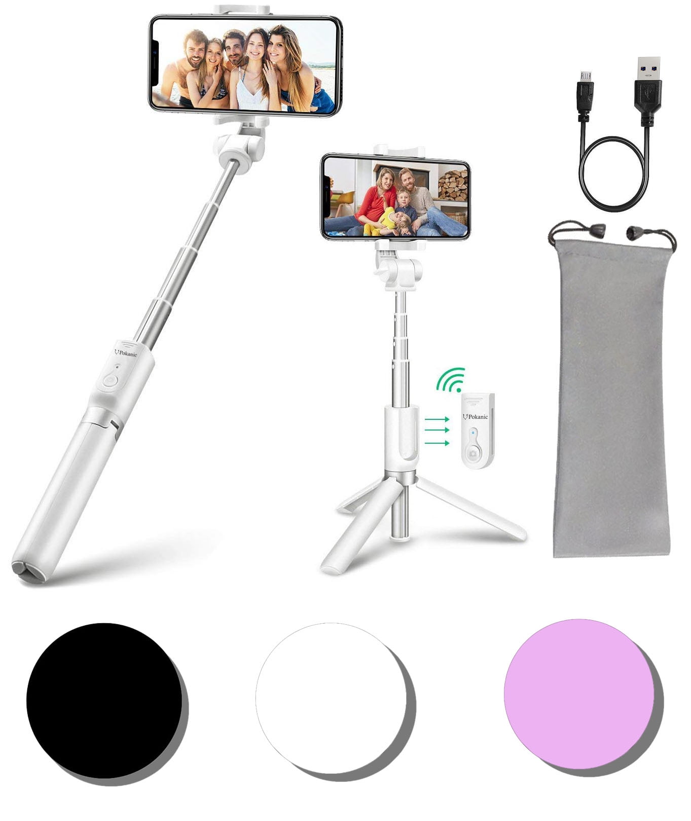 Galaxy S10 Plus/ S10/ S10e/ S9/ Black Selfie Stick Tripod POKANIC Bluetooth Wireless Remote Control Extendable Adjustable Stand Mount Compatible with iPhone XS Max/ XS/ XR/ X/ 8/ 8 Plus/ 7/ 7 Plus 