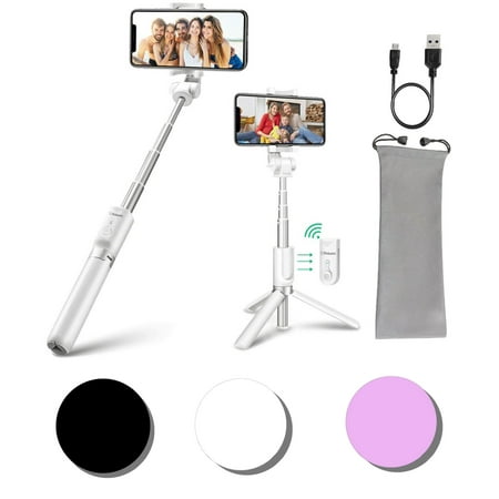 Pokanic Selfie Stick Tripod with Bluetooth Wireless Remote Shutter Control Pouch Extendable Adjustable Stand Mount Compatible with All Apple iPhone Samsung Galaxy Cell Phones (White)