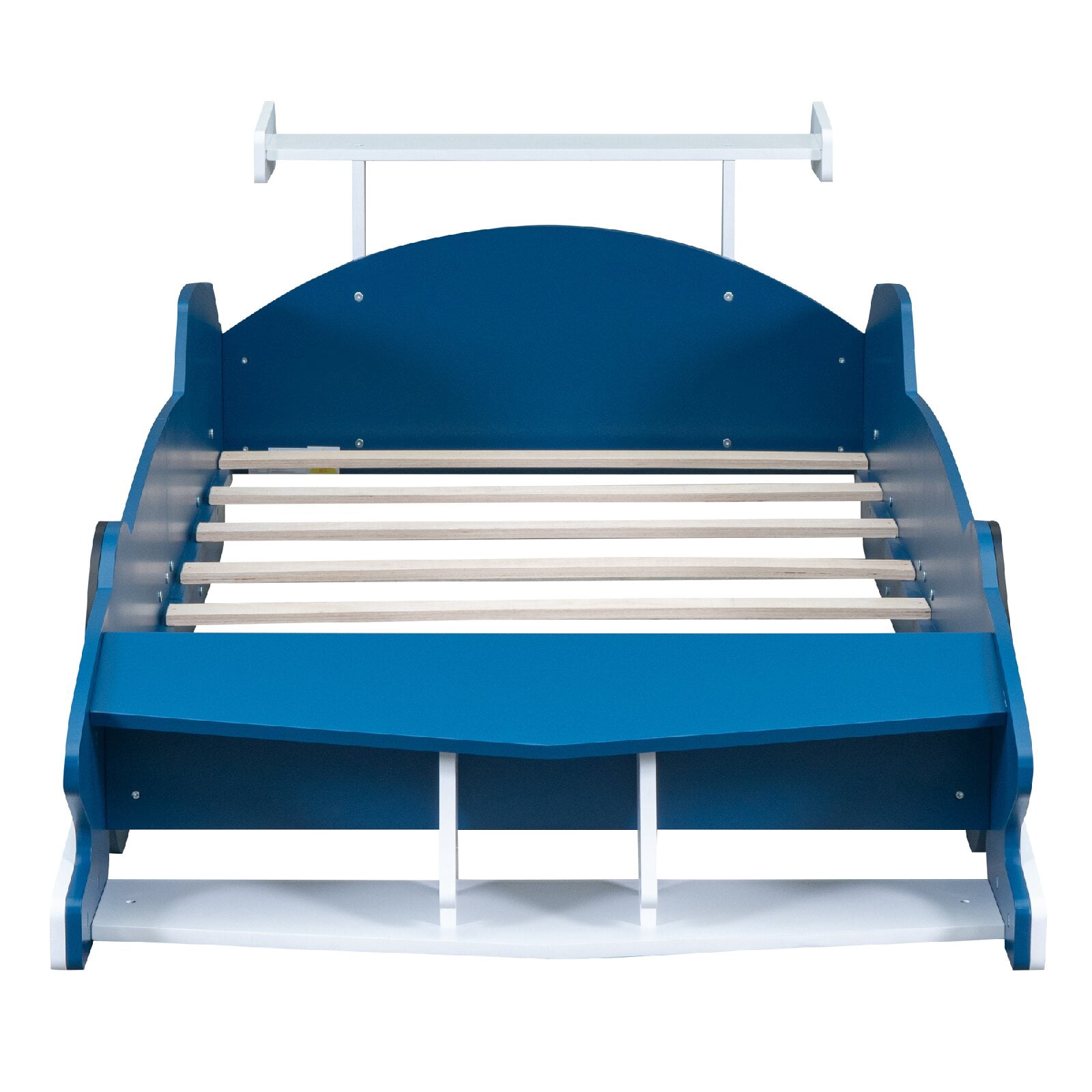 Twin Size Race Car-Shaped Platform Bed Frame with Wheels, Wooden Car Shaped Bed for Bedroom, Apartment, Easy Assembly, No Box Spring Needed, Mattress Not Included, Blue