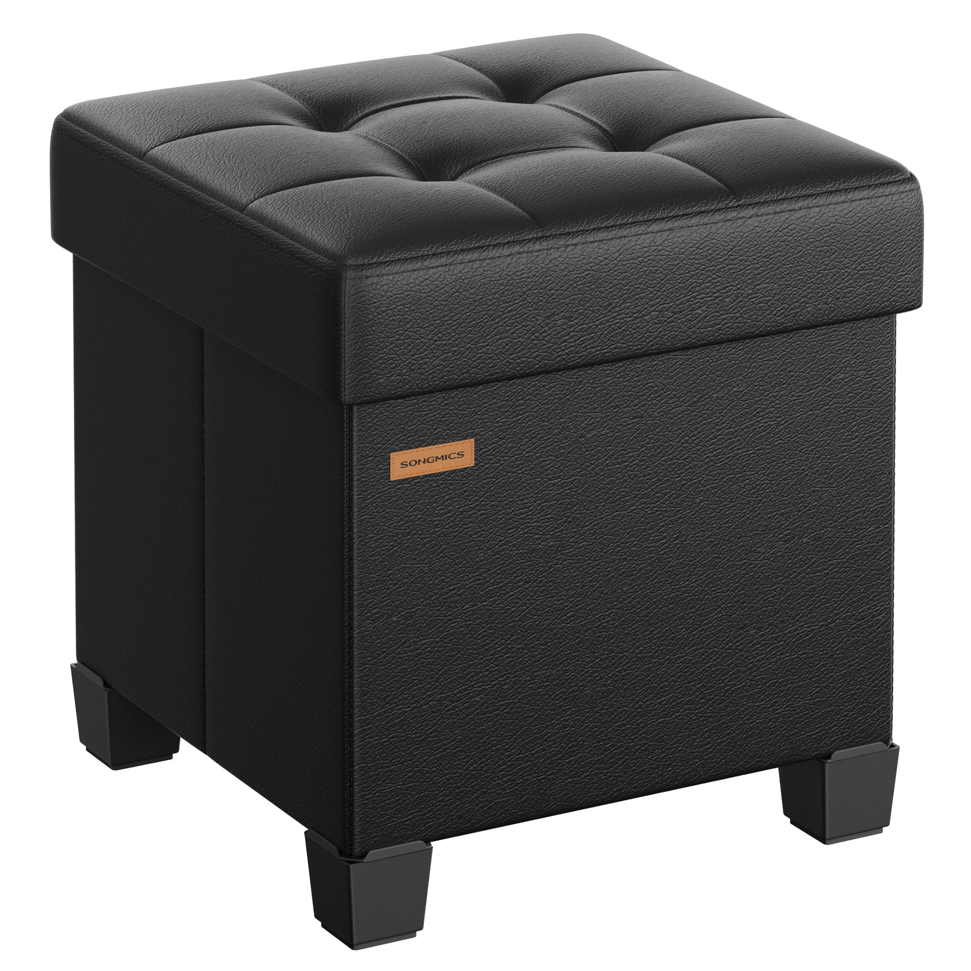 SONGMICS 15x15x15.7-Inch Cube Storage Ottoman with Legs. 10 Gal (37 L) Capacity. Synthetic Leather Footstool/Footrest.Ink Black