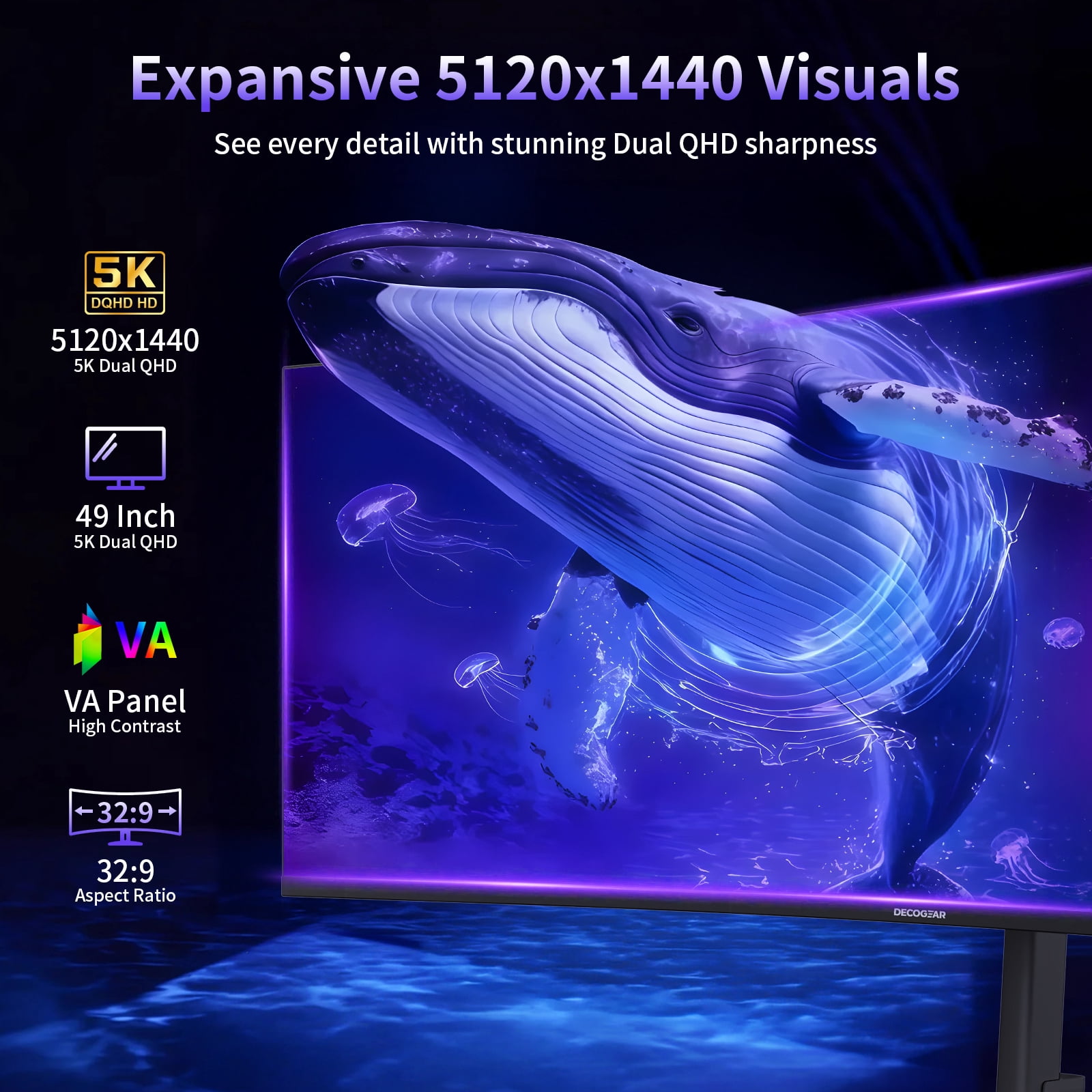 Deco Gear 49” Curved Ultrawide Dual-QHD Monitor, 5120 × 1440 Resolution, 120Hz, 1ms, USB-C 65W Power Delivery, Built-In KVM Switch, HDR, Adaptive Sync