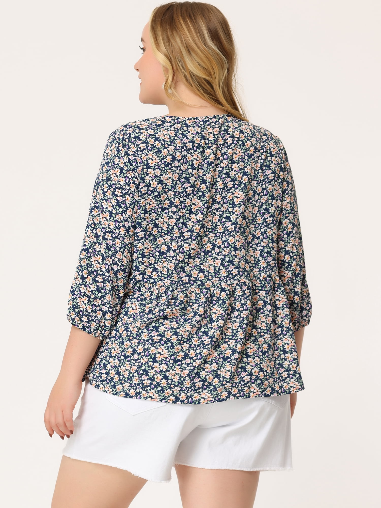Unique Bargains Women's Plus Size V Neck Flowy 3/4 Sleeve Floral Blouse 3X Navy Blue