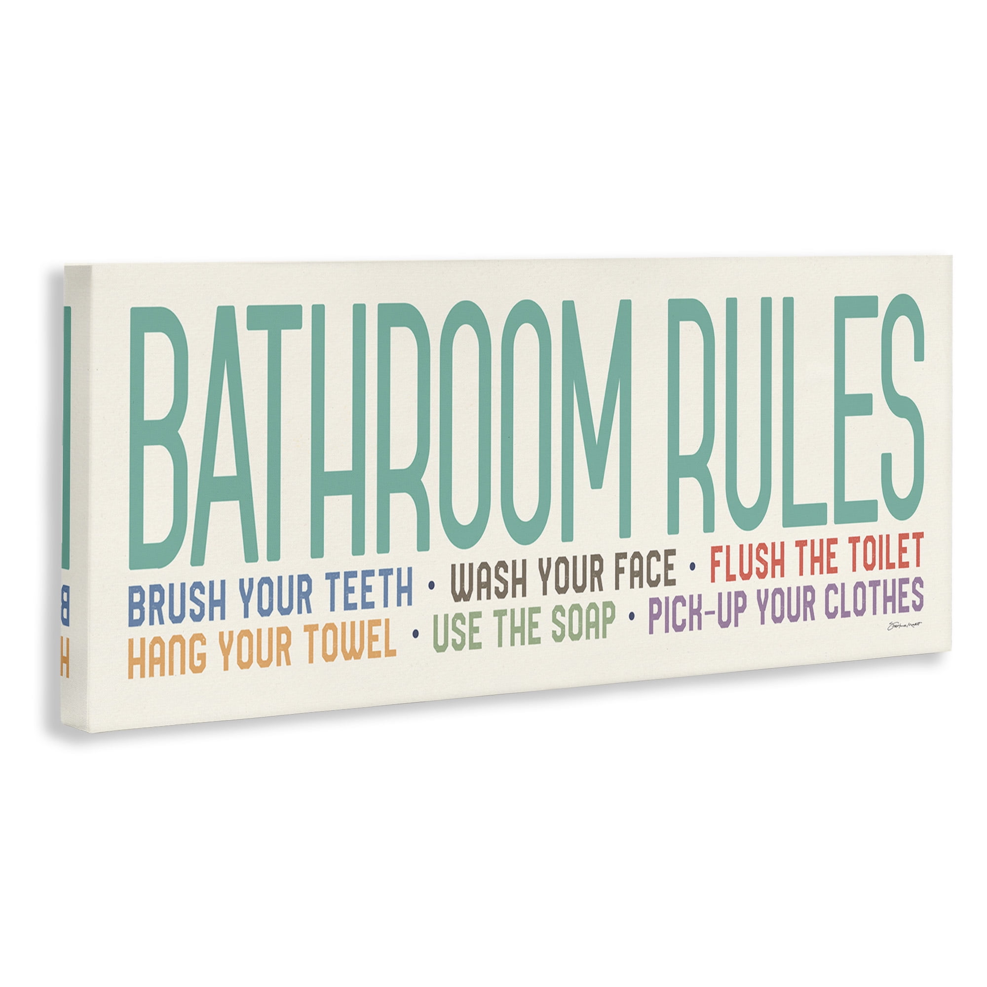 Stupell Industries Bathroom Rules with Teal Text Abstract Painting Gallery Wrapped Canvas Art Print Wall Art, 48 x 20