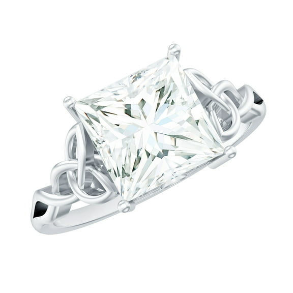 Rosec Jewels Moissanite Princess Cut Ring for Engagement - Celtic Knot Ring - 8 mm - 3 Carat - D-VS1 Quality, 925 Sterling Silver, US 4.00