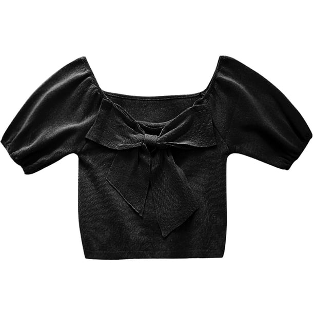 Qarigey Camisa de punto Bowknot Camiseta de color sólido Manga corta Top fino de verano Prendas para la parte del cuerpo Negro