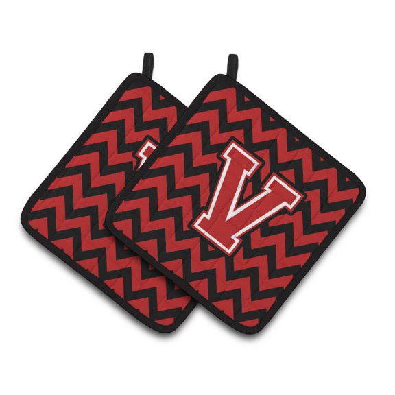 Letter V Chevron Black and Red Pair of Pot Holders