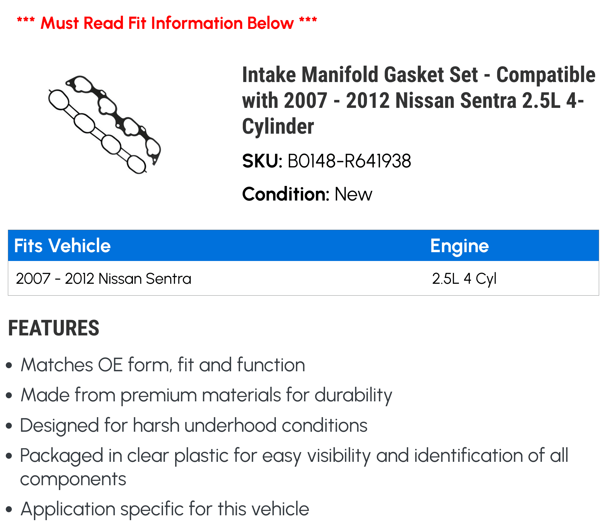 Intake Manifold Gasket Set - Compatible with 2007 - 2012 Nissan Sentra 2.5L 4-Cylinder 2008 2009 2010 2011