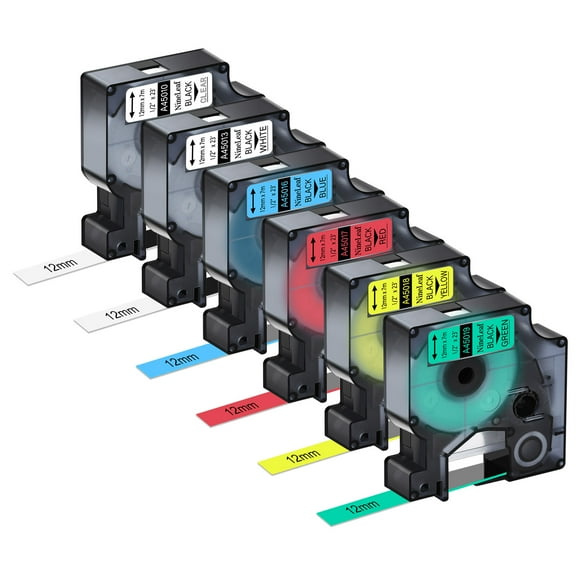 NineLeaf 6PK Compatible for DYMO D1 1/2" x 23' (12mm x 7m) Black on White/Clear/Red/Blue/Yellow/Green Label Maker Tape Refills