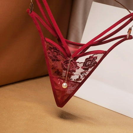 

Women s Thongs V Back Low Waist See Through Panties Seamless Lace Briefs Mesh Perspective G-String with Pearl Pendant Wine Red