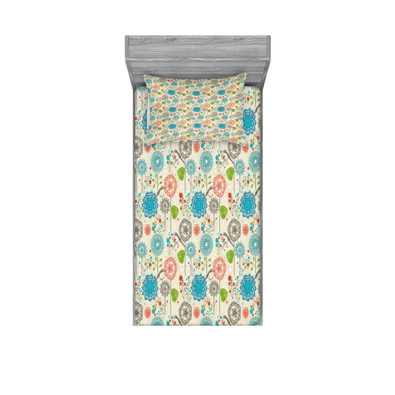 Ambesonne Floral Fitted Sheet & Pillow Sham Set, Retro Doodle Cheerful, Twinxl, Multicolor