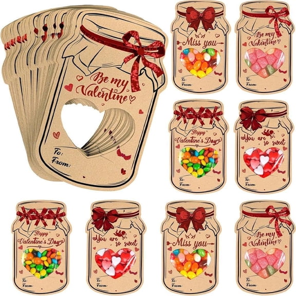 24pcs Valentines Day Cards for Kids School, Mason Jar Valentines Day Cards with Candy Bags, Bottle Shape Kraft Paper Exchange Card Bulk for Boys Girls School Class Classroom Party Favors