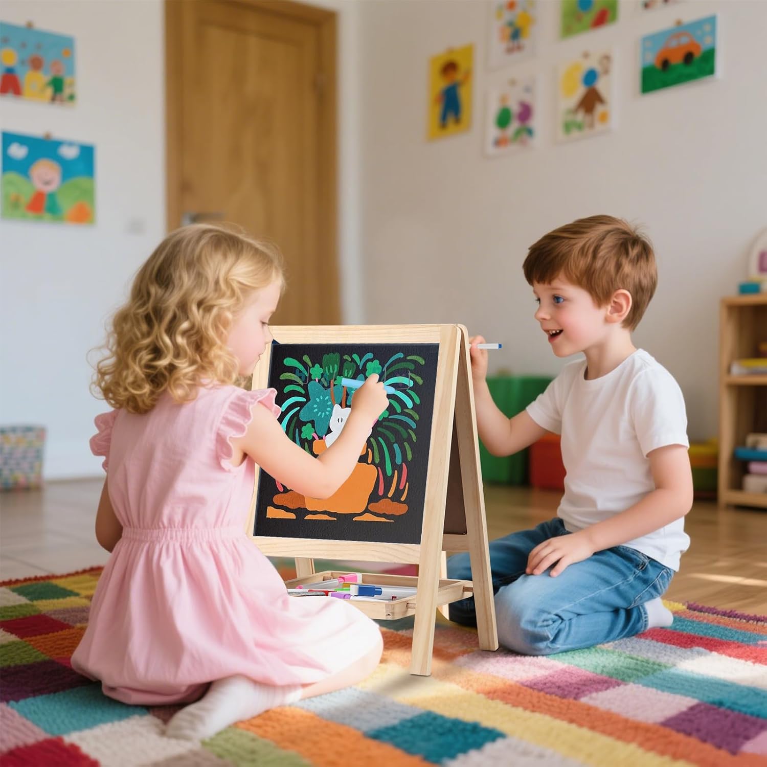4-in-1 Tabletop Wooden Easel for 2-4-Year-Olds - Double-Sided Chalkboard & Whiteboard with Magnetic Letters/Numbers, Markers & Eraser