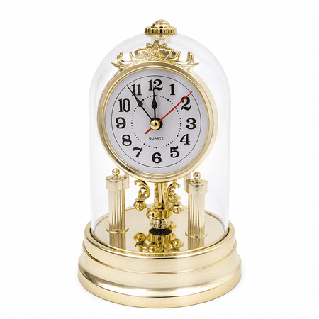 AURENIX Classic Vintage Clock European Style Desk Antique Clock with Pendulum and Chime,Plastic Dome,Triple Crown Finial,Revolving Synthetic Crystals,Loud Alarm,Home Decoration,Gold,11X16.8cm
