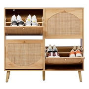 Ktaxon Rattan Shoe Cabinet with 4 Flip Drawers 24 Pairs,Narrow Shoe Storage Cabinet for Entryway, Bedroom, Living Room, Apartment, Natural