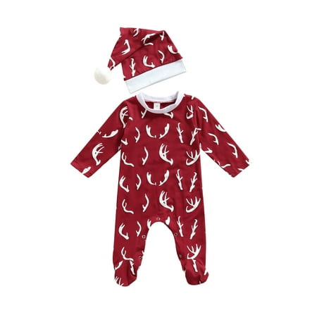 

Izhansean Newborn Baby Boy Girl Christmas Outfits Romper Long Sleeve Antler Print Jumpsuit Hat Clothes Brick Red 9-12 Months