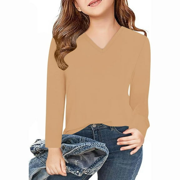 Blczomt Girls Blouse Plain Cute Long Sleeve Tees Beige V Neck Basic Casual Clothes for Girls