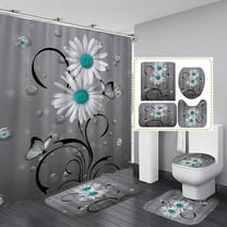 4PCS/Set Zen Spa Pink Romantic Rose Shower Curtain, Baby's Breath Floral Country Flower Valentine's Day Wedding Bathroom Decor, Non-Slip Bath Rugs Toilet Carpet, Artistic Lake Reflection