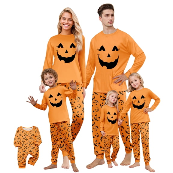 Halloween Pajamas Family Set - 2 piece Pumpkin Face Print Long Sleeve Tops Pants Sleepwear,Cartoon Spooky Theme Halloween Pajamas for Family Photos for 12 Months Pjs