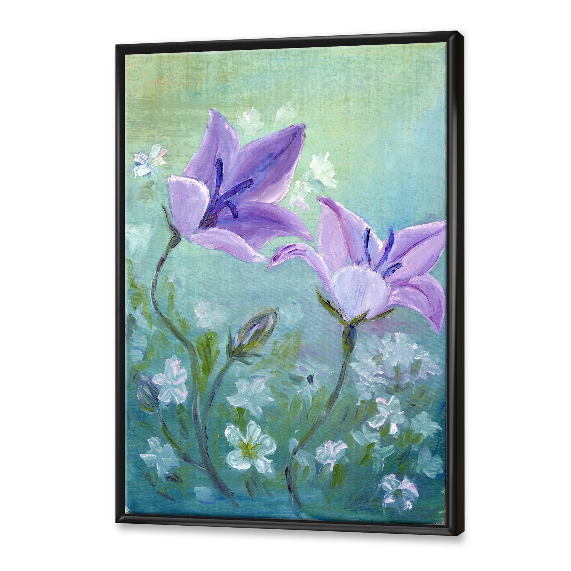 Purple Bellflowers Blooming 12 in x 20 in Framed Painting Canvas Art Print, by Designart