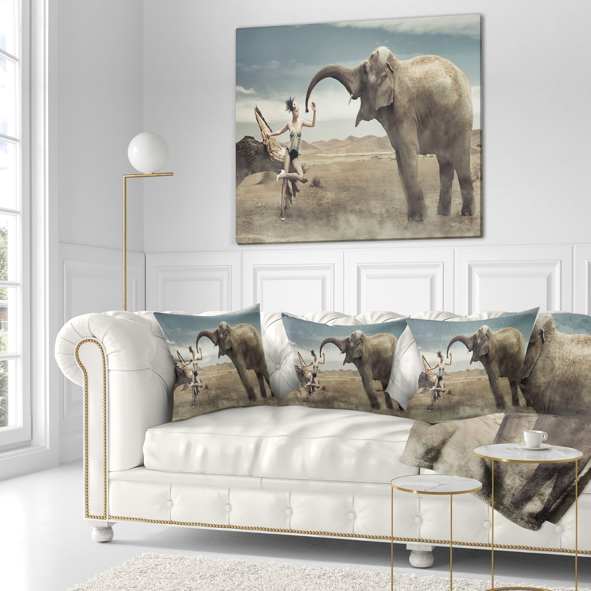 Designart Sexy Lady with Elephant - Animal Throw Pillow - 16x16