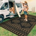 thumbnail image 3 of Garvee 9'x18' Waterproof Outdoor Rug, Modern Reversible Plastic Straw Patio Rug Foldable Lightweight RV Picnic Mat, Geometric Outdoor Carpet for Deck Balcony Porch, Black and Brown, 3 of 9